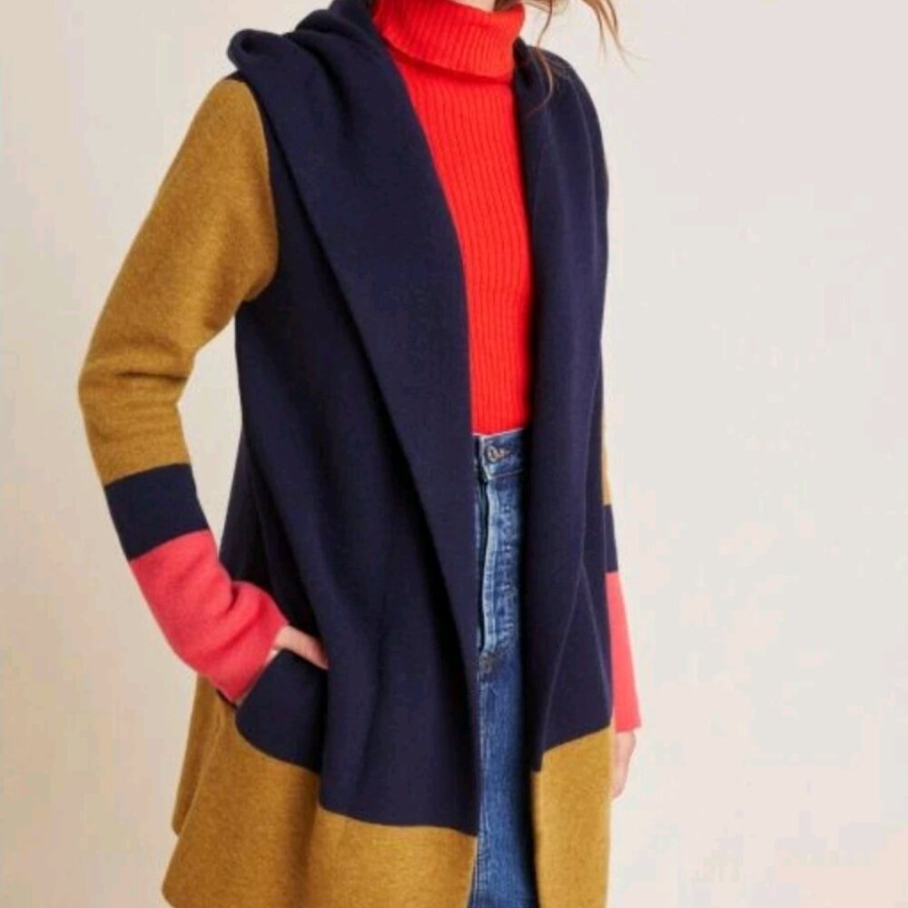 Anthropologie Field Flower Colorblock Wool Sweater Long Cardigan Coat Size Small - Picture 12 of 12